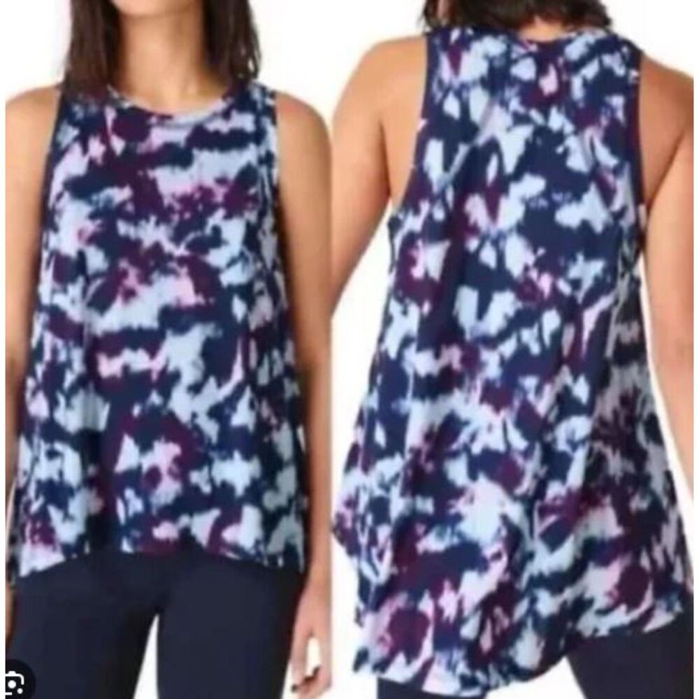 Sweaty Betty Easy Peazy Blue Flow Print Oversized Hi Low Tank Size 8/10